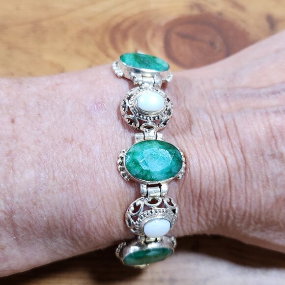 Vintage Raw Emerald & White Agate Bracelet Set in 925 Sterling Silver - Picture 1 of 5